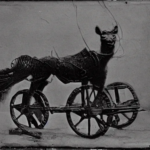 Image similar to grainy 1800s photo of a mechanical animal used to haul goods