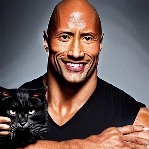 Image similar to dwayne johnson holding a black cat, studio lighting, promotional photograph