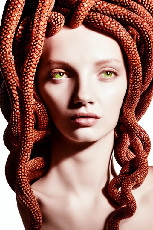 Prompt: full - length portrait of medusa gorgon, fashion color studio lighting, 3 5 mm, head to shoulders shot, close - up