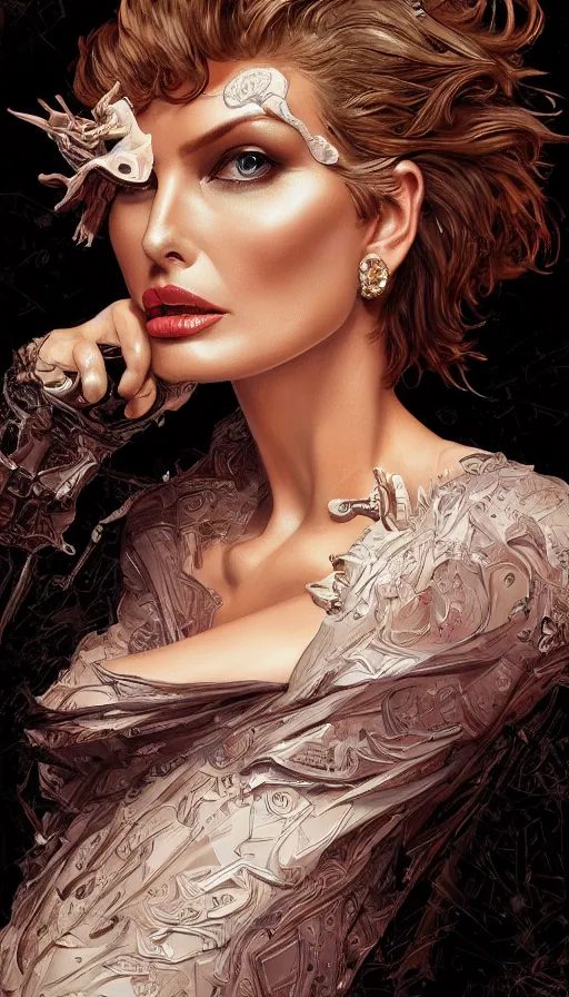 Prompt: linda evangelista, bold, passionate, seductive, expressive, charismatic, very sweaty, intricate fashion clothing, insane, intricate, highly detailed, digital painting, artstation, concept art, smooth, sharp focus, illustration, unreal engine 5, 8 k, art by artgerm and greg rutkowski and alphonse mucha