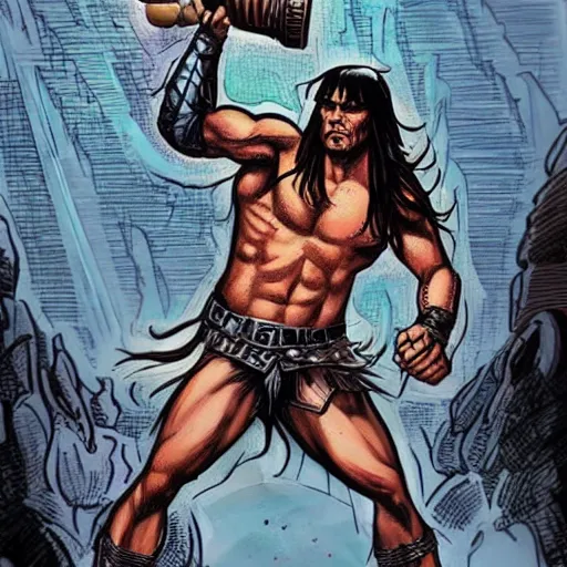 Prompt: a detailed illustration of conan the barbarian working as a barista marvel comics art style