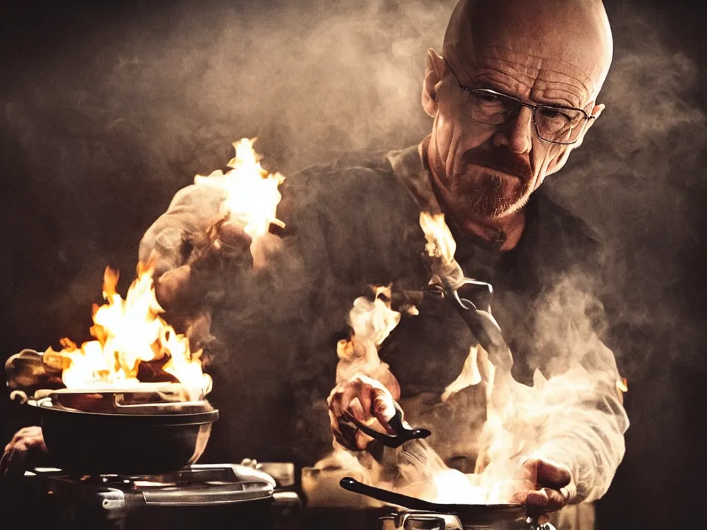 Image similar to walter white cooking eggs in a saucepan. He is looking worried. The stove is on fire. dramatic lighting, movie poster