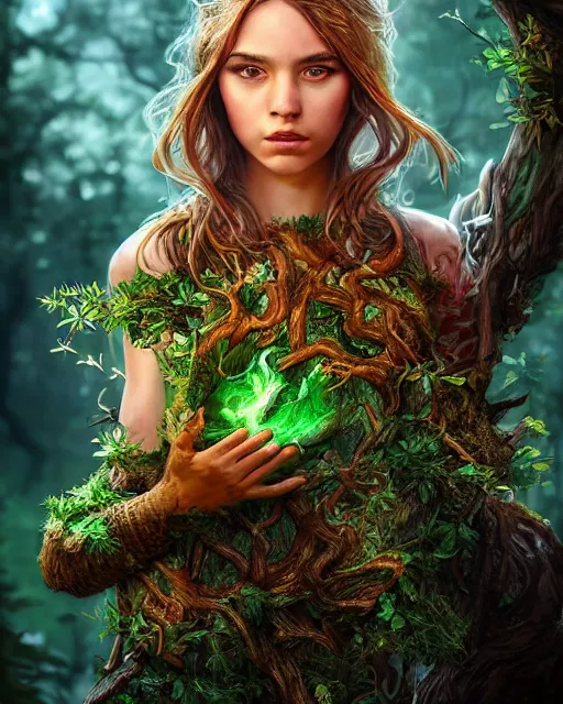 Image similar to portrait high definition photograph cute girl holding a fire fantasy character art, hyper realistic, pretty face, hyperrealism, iridescence water elemental, snake skin armor forest dryad, woody foliage, 8 k dop dof hdr fantasy character art, by aleski briclot and alexander'hollllow'fedosav and laura zalenga