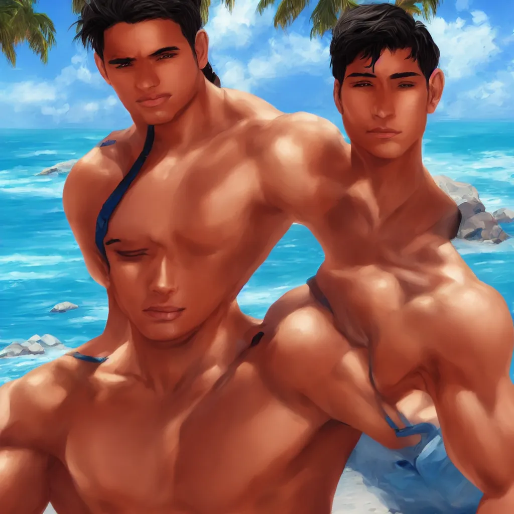 Image similar to A Buff Young Latino Male Lifeguard at the Beach, short black hair, brown eyes, slight smile, art by Artgerm, artstation