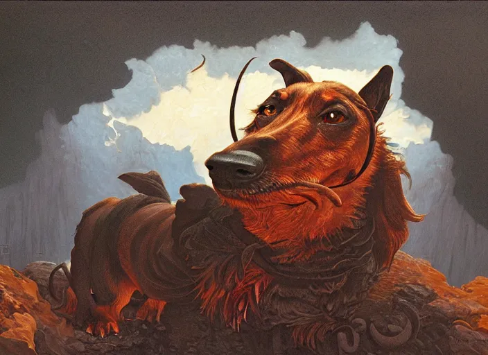 Image similar to Highly detailed oil painting of a dachshund balrog, intricate artwork by Angus McBride, John Howe, Matthew Stewart, Ted Nasmith, heroic fantasy