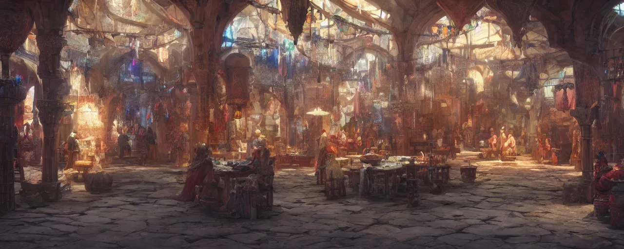 Prompt: inside of a medieval era bazaar, vaporwave aesthetics, 8 k uhd, unreal engine, octane render in the artstyle of finnian macmanus, john park and greg rutkowski