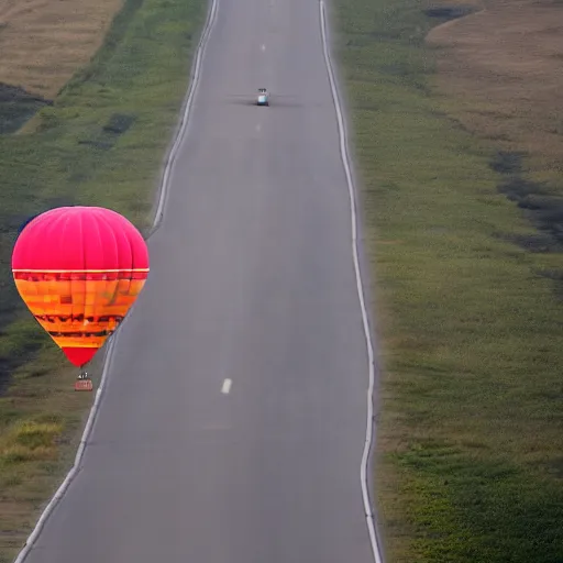 Image similar to a hot air balloon flying in the middle of the road, liminal space, uncanny, saturated, eerie, morbid