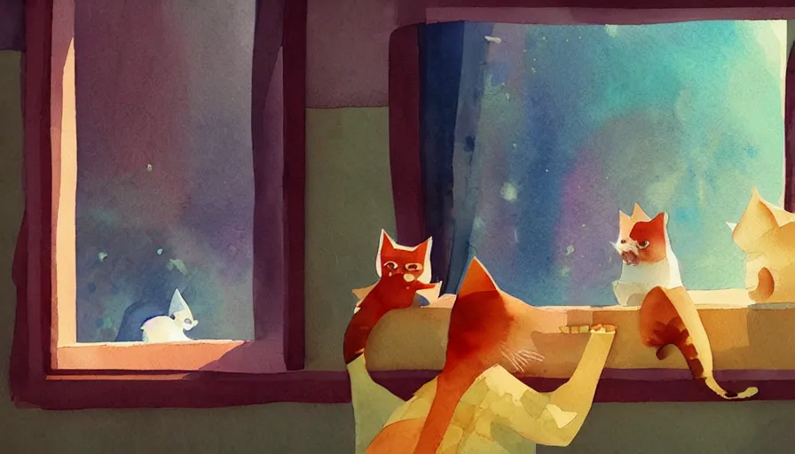 Prompt: watercolor illustration style, cute cats looking out the window, inspired by tearaway, dreamy aesthetic, misty, trending on artstation, vivid colors, 8 k, filip hodas, jeremy mann