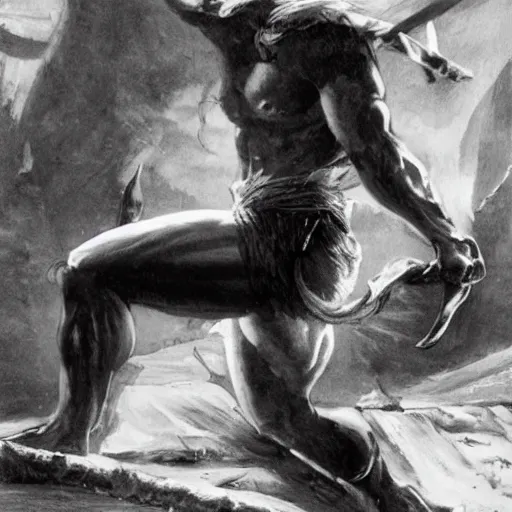 Prompt: by Frank Frazetta style, barbarian with extraordinary muscle structure with long sword, wide view, deep depth of field, denoise