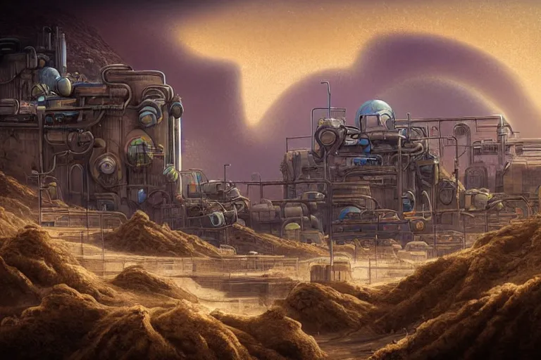 Prompt: sci - fi favela, art nouveau desert environment, industrial factory, cliffs, gloomy, milky way, award winning art, epic dreamlike fantasy landscape, ultra realistic,