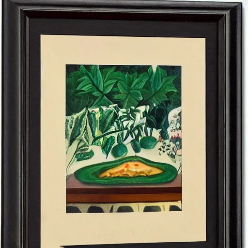 Image similar to A magaritha pizza on a marble table in a garden by Henri Rousseau