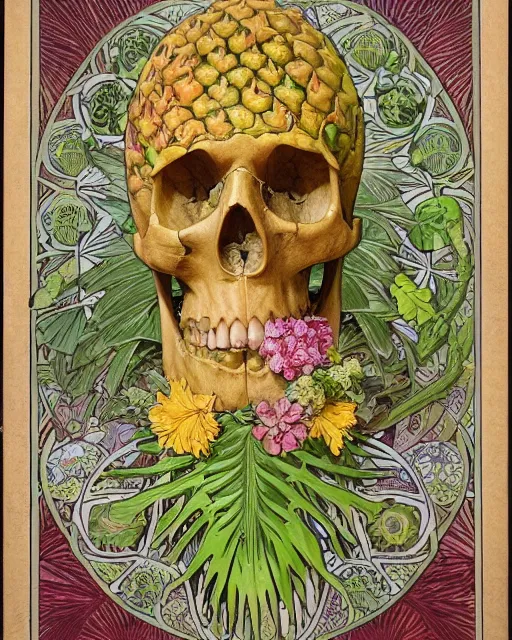 Prompt: a poster of a Carved ancient skull with pineapple leaves growing out of the top art surrounded by varities of flowers, cell shading, voronoi, fibonacci sequence, sacred geometry by Alphonse Mucha, Moebius, hiroshi yoshida, Art Nouveau, colorful, ultradetailed, vivid colour, 3d