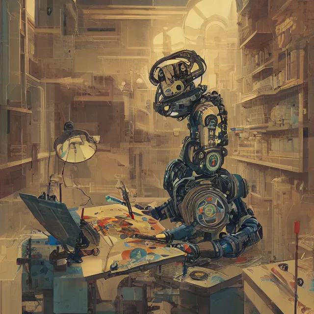Prompt: robot artist painting a self - portrait on a canvas. intricate, highly detailed, digital matte painting, in the style of alexandros pyromallis, and in the style of sachin teng, and in the style of hans thoma, and in the style of ray harryhausen. irony, recursion, inspiration.