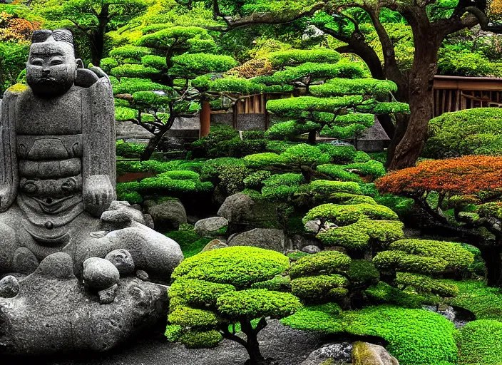 Prompt: japanese garden of an ancient god by wayne barlowez