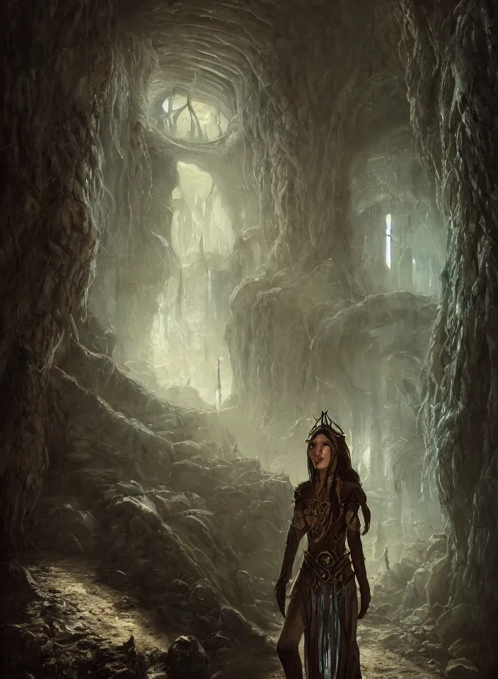 Prompt: a portrait of an elven sorceress exploring an abandoned dwemer dungeon from skyrim, fantasy setting, cold environment, serene colors, soft lighting, atmospheric, cinematic, moody, in the style of diego koi, gina heyer, luiz escanuela, art by alyssa monk, hyperrealism, rule of thirds, golden ratio, oil on canvas, 8 k