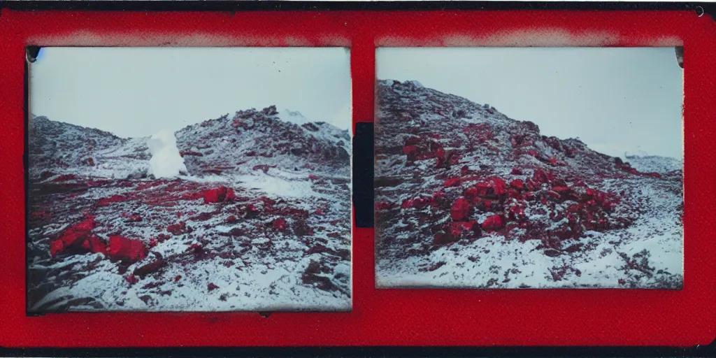 Image similar to polaroid photo of a vulcanic eruption in a snowy icy area, bright red lava, bright white snow and ice