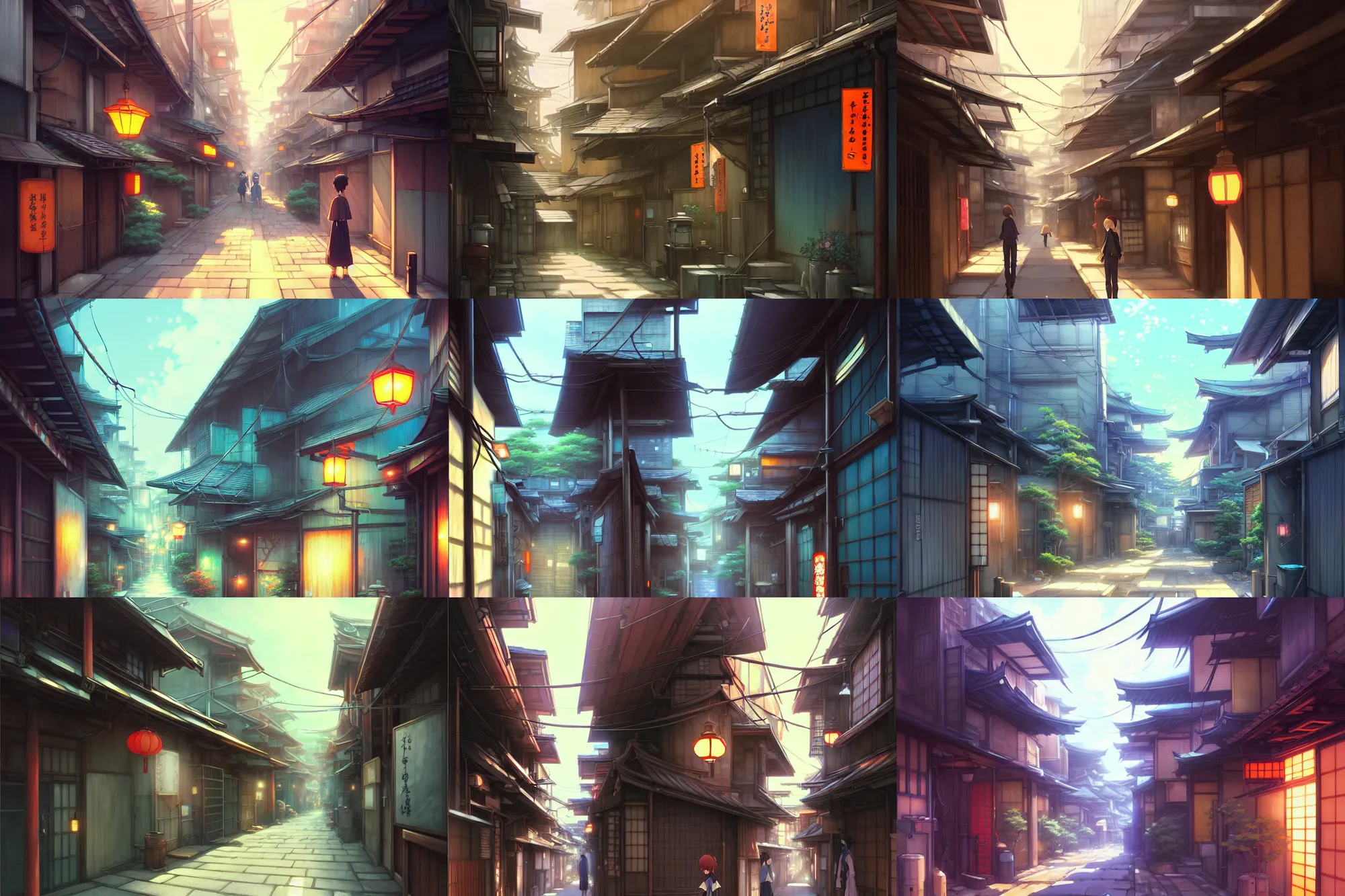 Prompt: a japanese alleyway, key visual, a fantasy digital painting by makoto shinkai and james gurney, trending on artstation, highly detailed