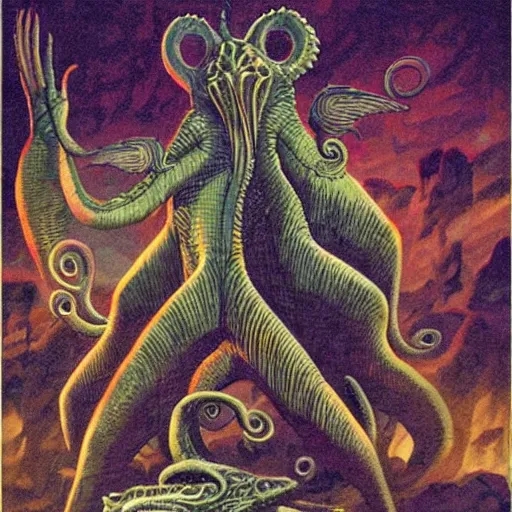 Prompt: Fish men worship a statue of Cthulu in a dark cave. D&D. Beskinski, Peter Mullen.