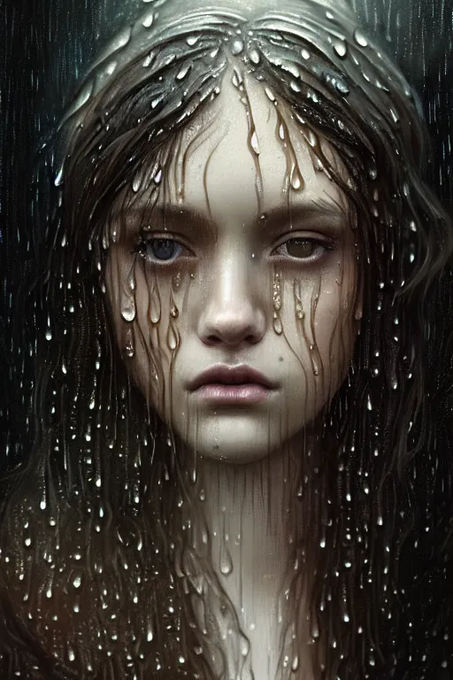 Image similar to portrait of a girl in the rain with wet hair and face, fantasy, intricate, elegant, dramatic lighting, emotionally evoking symbolic metaphor, highly detailed, lifelike, photorealistic, digital painting, artstation, concept art, smooth, sharp focus, illustration, art by John Collier and Albert Aublet and Krenz Cushart and Artem Demura and Alphonse Mucha