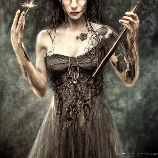 Prompt: oil art of Hermione in tattoos conjuring with a magic wand, by luis royo art, dressed beautiful gown, beautiful eyes, Beautiful face, by Aggi Erguna, high detail, high resolution, art from harry potter, by David Lazar and Annie Leibovitz 500px photos, top cinematic lighting , cinematic mood, very detailed
