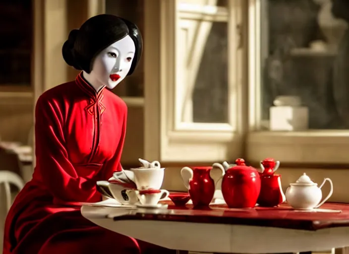 Prompt: movie still of a beautiful woman made out of porcelain sitting at a table in a cafe, wearing a red cheongsam, smooth white skin, creepy, tea set in foreground, directed by Guillermo Del Toro