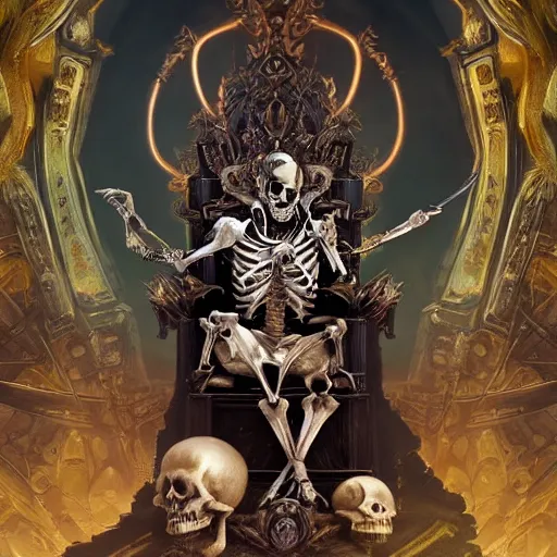 Prompt: high fantasy skeleton king android sitting on a ornate throne in an ornate palace by Stanley Artgerm Lau, frank frazetta, Rossdraws, James Jean, gerald brom, Andrei Riabovitchev, Marc Simonetti, and Sakimichan, trending on artstation, SFW version