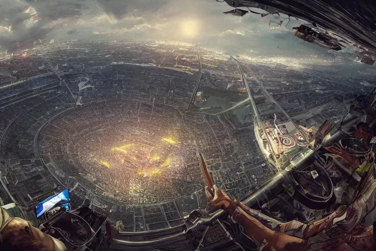 Prompt: detailed intricate digital illustration by greg rutkowski and artgerm and wlop and sanford robinson gifford ; modern stadium full of 3 0 0 thousand people, bright stadium lights, night, open roof ; 1 3 mm film, arri alfa anamorphic lens, fisheye wide angle ; sharp focus ; trending on artstation 8 k