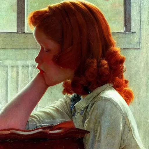 Prompt: A sad redhead girl portrait, center, artwork by Norman Rockwell, cinematic view, high quality