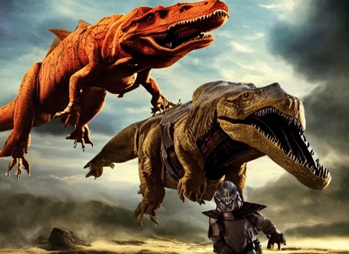 Image similar to Anakin Skywalker riding a Tyrannosaurus Rex into battle