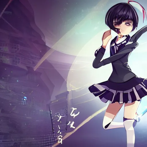 Image similar to luxury advertisement, astonishing portrait of a very beautiful anime schoolgirl with black bob hair in style of cytus and deemo, full perfect face, she is dancing, set in Half-life. Realistic, highly detailed background, artstation, 120 degree view, drawn by Sasoura, Satchely, studio ghibli and Akihiko Yoshida, sharp focus, smooth, 8k, clear face, no distortion