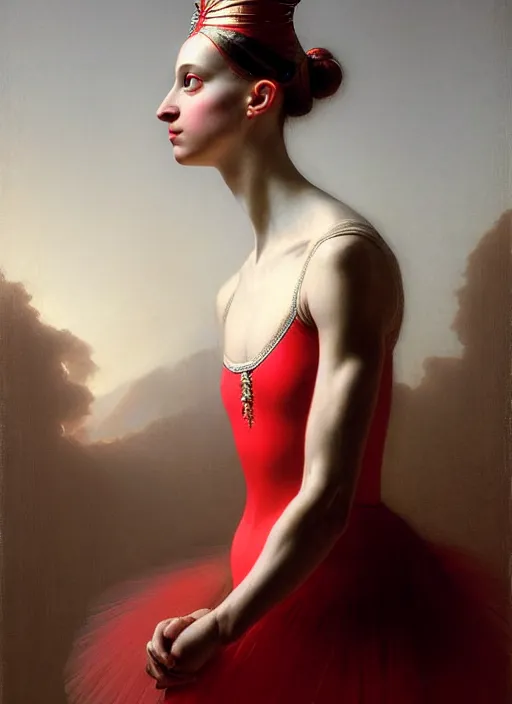 Prompt: neoclassical portrait of a ballerina wearing red crown in temple, by jacques - louis david, by greg rutkowski, by zdzisław beksinski, trending on artstation, featured on pixiv, masterpiece, oil on canvas, cinematic composition, beautiful lighting,