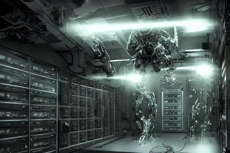 Image similar to robosaurus parallax datacenter server room interior single mono colossus white rusty robot sitting artstation cinematic detailed concept art ultra realistic volumetric light sharp coherent cgsociety symmetric perfect well balanced shadows lotr technogoddess sidwill diodes emitting