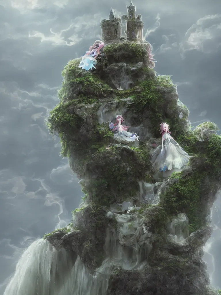 Prompt: cute fumo plush of a princess girl in a tower on a tiny island which she lays sole claim to, selfish empress of the abyss, tempestuous waters and thunderclouds, waterfall, wisps of volumetric smoke and fog, gothic wraith maiden in tattered white dress, floating island, vignette, vray