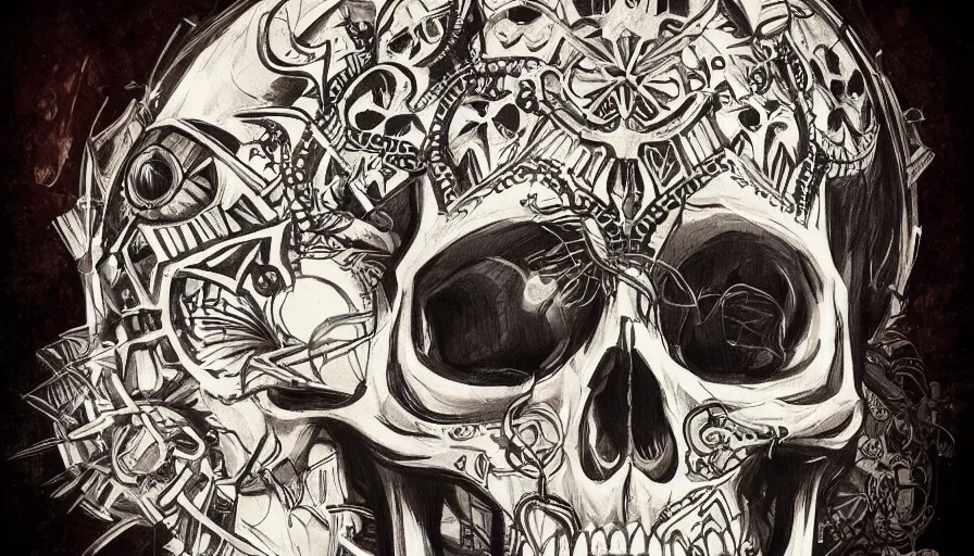Prompt: concept art skull by jama jurabaev, the skull is decorated with art deco patterns, cinematic shot, trending on artstation, high quality, brush stroke