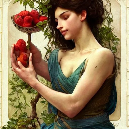 Image similar to mesopotamian eve eating fruit from the tree of knowedge of good and evil in the gardnen of eden, highly detailed, digital painting, artstation, concept art, smooth, sharp focus, illustration, artstation, art by artgerm, greg rutkowski, alphonse mucha, ilya repin and charlie bowater