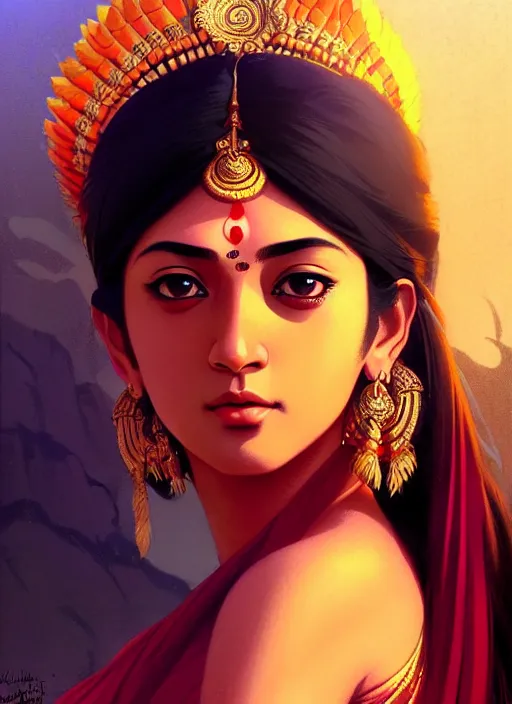 Image similar to a comic portrait of an indian goddess, fine - face, realistic shaded perfect face, fine details. night setting. very anime style. realistic shaded lighting poster by ilya kuvshinov katsuhiro, magali villeneuve, artgerm, jeremy lipkin and michael garmash, rob rey and kentaro miura style, trending on art station