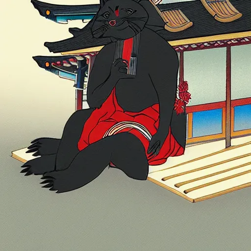 Image similar to a black kitsune boy playing koto in front of a japanese temple, highly detailed, cg style, artstation trending, pixiv trending, Z.W. Gu style, Wlop style