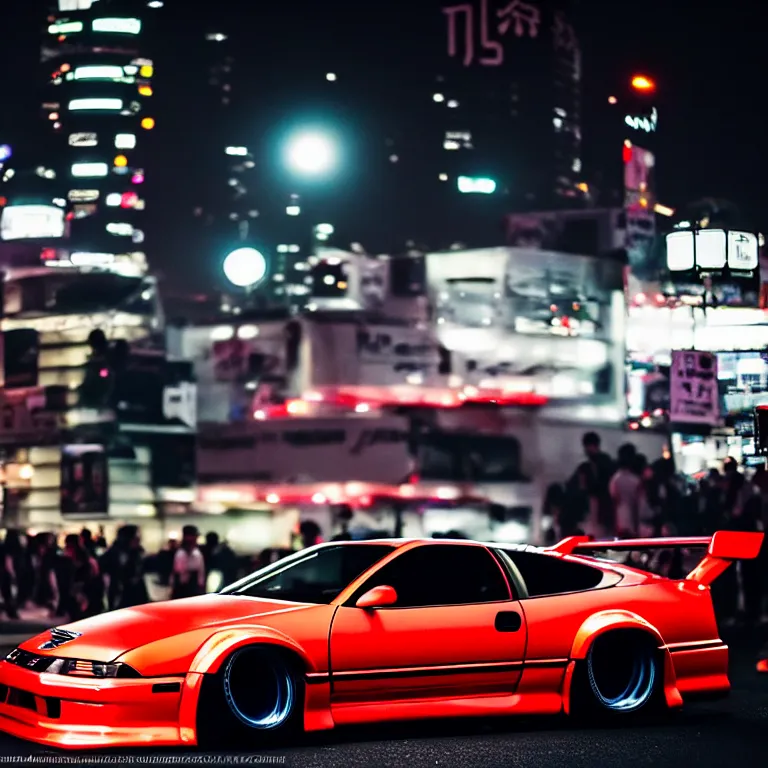 Image similar to a car 300ZX twin turbo drift at illegal car meet, Shibuya prefecture, city midnight mist lights, cinematic lighting, photorealistic, highly detailed wheels, high detail