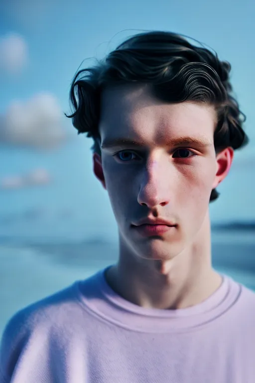 Image similar to high quality pastel coloured film mid angle docu photograph of a beautiful young 2 0 year old male, soft features, short black hair, resting in an icelandic black rock environment. atmospheric. three point light. photographic. art directed. ( pastel colours ). volumetric light. clearcoat. waves glitch. 8 k. filmic.