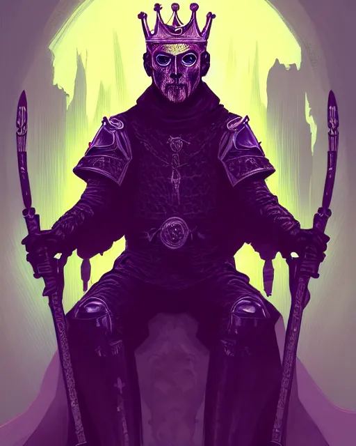 Prompt: a full length portrait of a medieval king on the cyberpunk throne, glowing eyes, dark purple color scheme, grim - lighting, high - contrast, intricate, elegant, highly detailed, digital painting, artstation, concept art, smooth, sharp focus, illustration