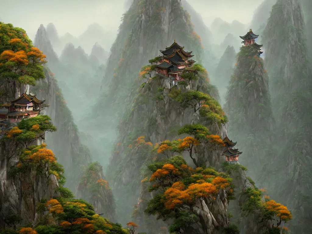 Image similar to futuristic beautiful mountainous landscape of huangshan with buddisht and taoist temples on hilltops on a rainy day by gediminas pranckevicius