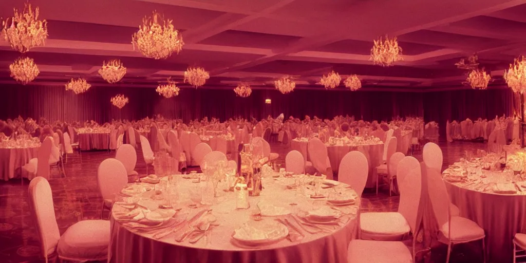 Prompt: a phantom hovers inside of a banquet hall. dramatic soft color lighting ( 1 9 8 4 ).