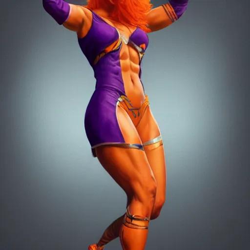 Image similar to full figure ultra realistic illustration, extremely tall female wrestler with orange hair with bangs wearing a purple costume, intricate, elegant, highly detailed, digital painting, artstation, concept art, smooth, sharp focus, illustration, art by artgerm and greg rutkowski and alphonse mucha