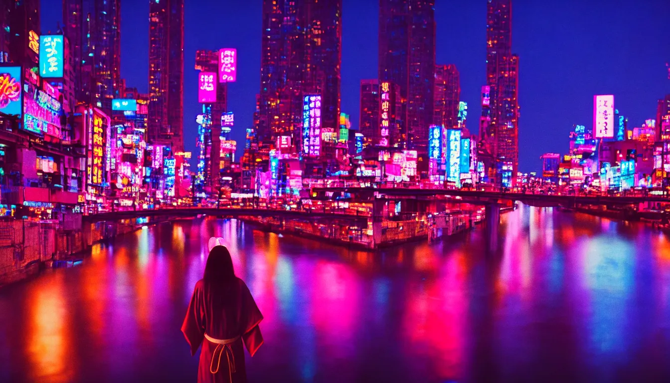 Image similar to 80s neon movie still, woman wearing a kimono looks over a river, city with neon lights is in front of her. movie still. hyperrealistic, high definition, medium format photography, highly detailed, tehnicolor, anamorphic 50mm lens