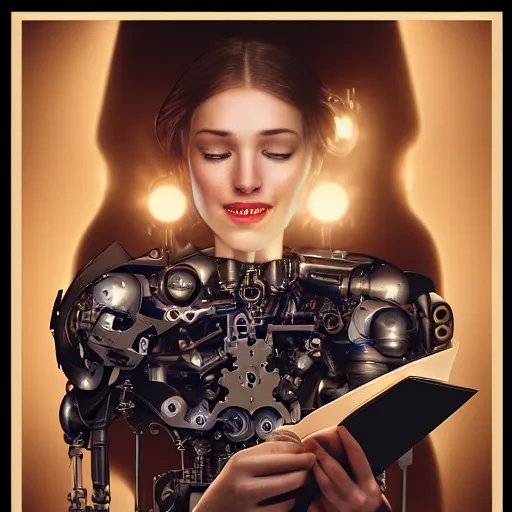 Image similar to a beautiful intricate fine art portrait photo of a happy mechanical futuristic cybernetic female cyborg reading a letter of admission held in her hands, by tom bagshaw and zach sutton, eyes light up, happiness!, perfection!, studio lighting, golden ratio composition, 50mm lens, bionic, cybernetic scifi, deep depth of field, artstation, 8K