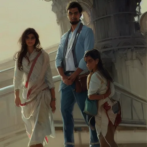 Image similar to Anxious good looking pale young Indian doctors wearing American clothes at the airport, portrait, elegant, intricate, digital painting, artstation, concept art, smooth, sharp focus, illustration, art by artgerm and greg rutkowski and alphonse mucha