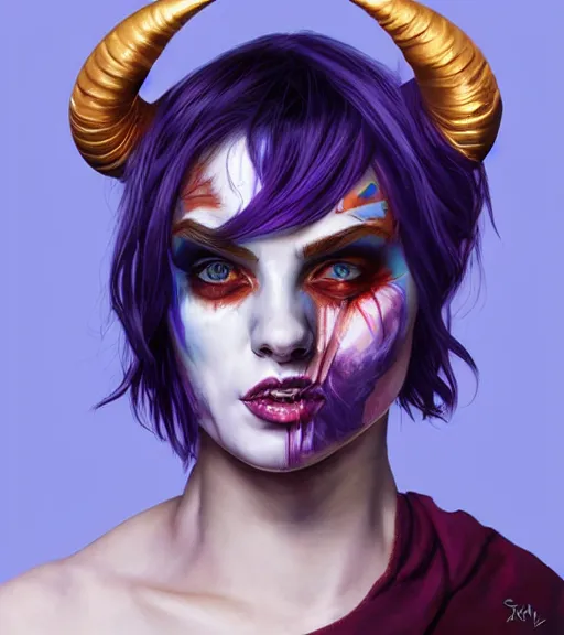 Prompt: portrait of a young beautiful female with demon horns, short blue-hair purple-skin artwork by Sandra Chevrier, metaverse, artstation