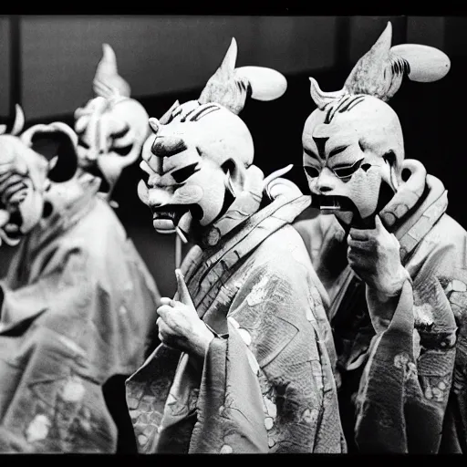 Image similar to A photograph of Japanese oni demons at the conference, 35mm film grain, intricate, high contrast, studio lighting, fantasy