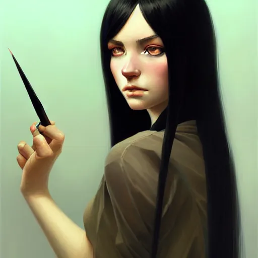 Prompt: a beautiful girl with long black hair, fantasy, portrait, sharp focus, intricate, elegant, digital painting, artstation, matte, highly detailed, concept art, illustration, ambient lighting, art by ilya kuvshinov, artgerm, and Greg Rutkowski