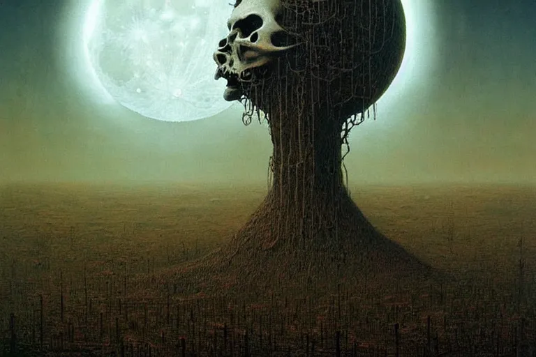 Prompt: a surreal and awe - inspiring science fiction landscape, moon in the sky looks like a skull, intricate, elegant, highly detailed matte painting by beksinski and simon stalenhag